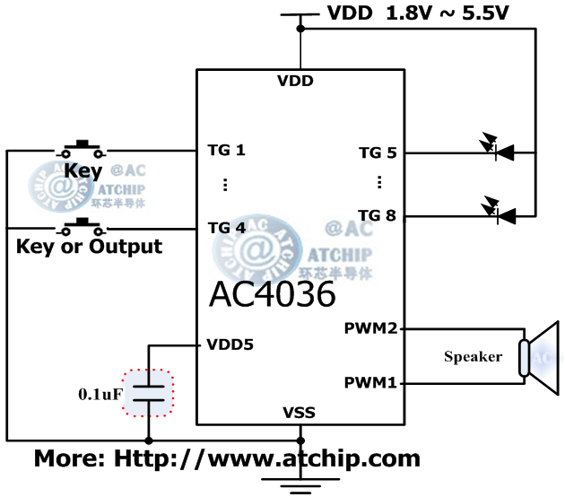 AC4036 diagram 与地触发有效带单片机MCU控制的OTP语音芯片电路接线图